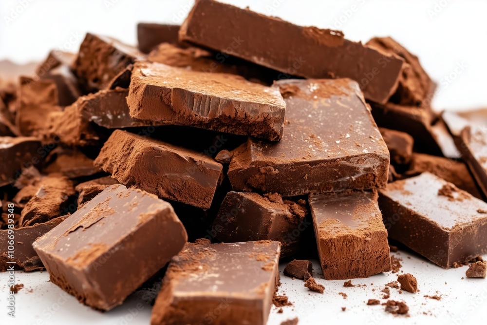 Chocolate blocks stacked, cocoa powder scattered, rich texture Chocolate blocks stacked, cocoa powder scattered, rich texture
