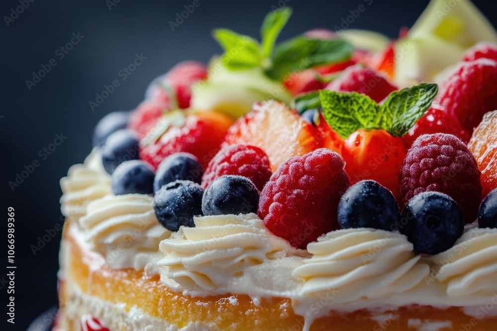 A close-up of a delicious cake with whipped cream and fresh berries. A close-up of a delicious cake with whipped cream and fresh berries.