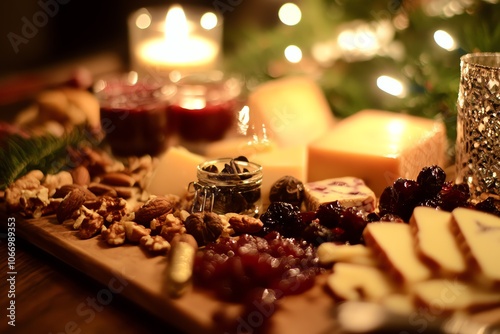 Plateau de fromages de Noël, accompagné de fruits secs, de noix et de confitures, pour une touche gourmande en fin de repas..