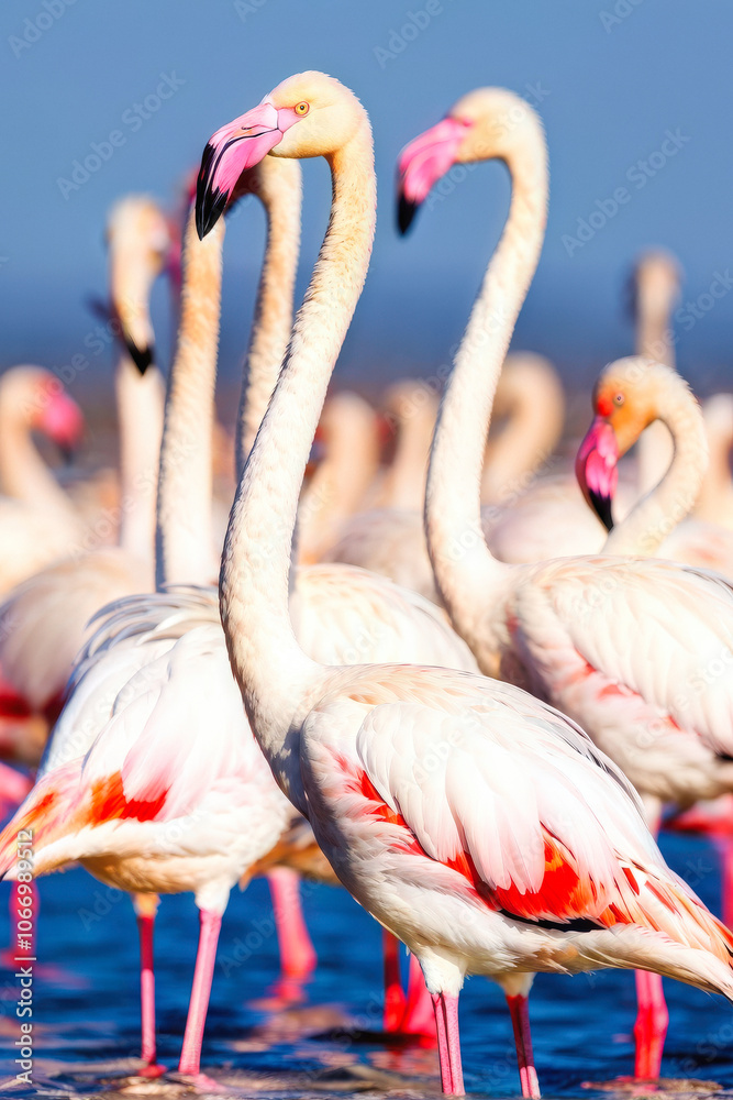Naklejka premium Close-up of a group of flamingos standing gracefully in shallow water, with soft sunlight reflecting on their vibrant pink feathers. Generative AI