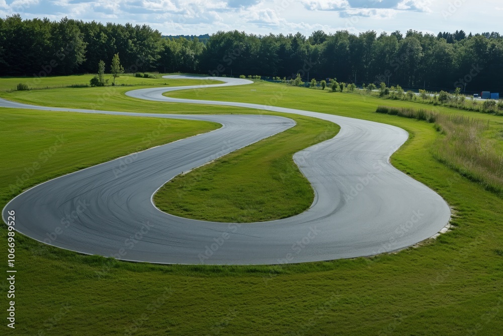 Winding racetrack through green landscape, smooth asphalt surface, trees in background Winding racetrack through green landscape, smooth asphalt surface, trees in background