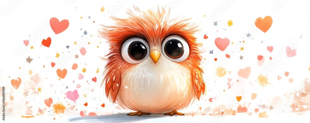 Fototapeta premium Playful cartoon owl showcasing large eyes and a friendly demeanor, surrounded by colorful hearts and stars, isolated on a pristine white background, cute and engaging illustration