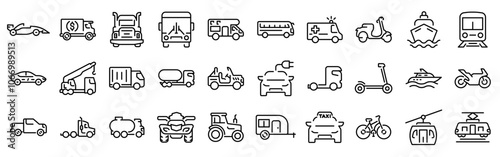 Transport web line icons. Containing car, bike, plane, train, bicycle, motorbike, bus and scooter. Editable stroke. Vector illustration