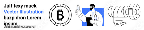 Bitcoin symbol, doctor holding bottle with clipboard, cylindrical machinery. Ideal for finance, healthcare, technology, engineering, digital assets, illustrations, icons Landing page