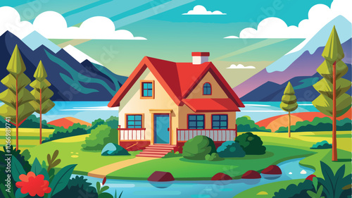 cozy two story cottage with a red roof surrounded vector