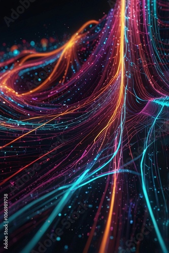 Abstract technology background with glowing lines and particles. 3d illustration, Abstract digital wave technology with flowing particles