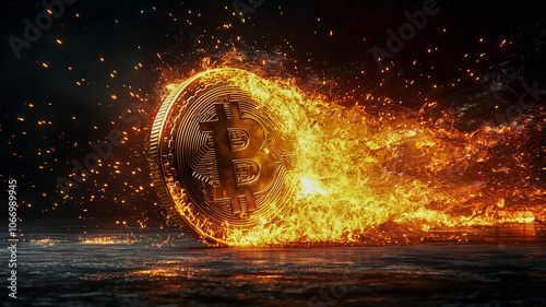 A large Bitcoin coin engulfed in flames, representing the volatility and intense interest in cryptocurrency markets.