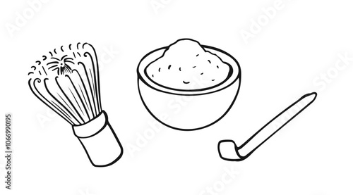 Matcha tea powder with whisk. Japanese tea ceremony elements. Simple hand drawn illustration of tableware for green tea.