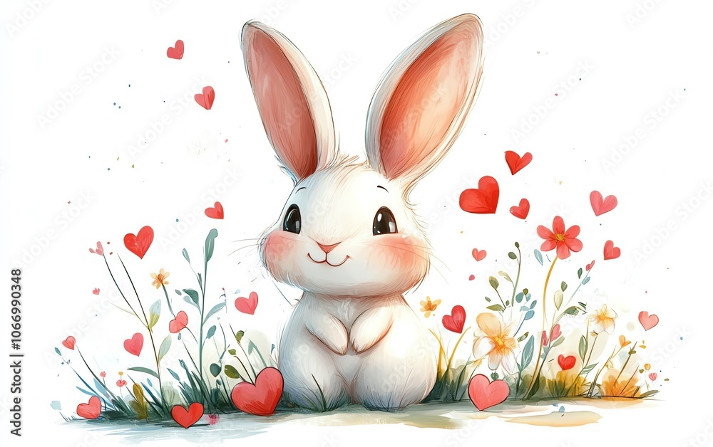 Sweet cartoon bunny with big ears, sitting happily among colorful hearts and flowers, perfect for childrens book illustrations, isolated on a pure white background Sweet cartoon bunny with big ears, sitting happily among colorful hearts and flowers, perfect for childrens book illustrations, isolated on a pure white background