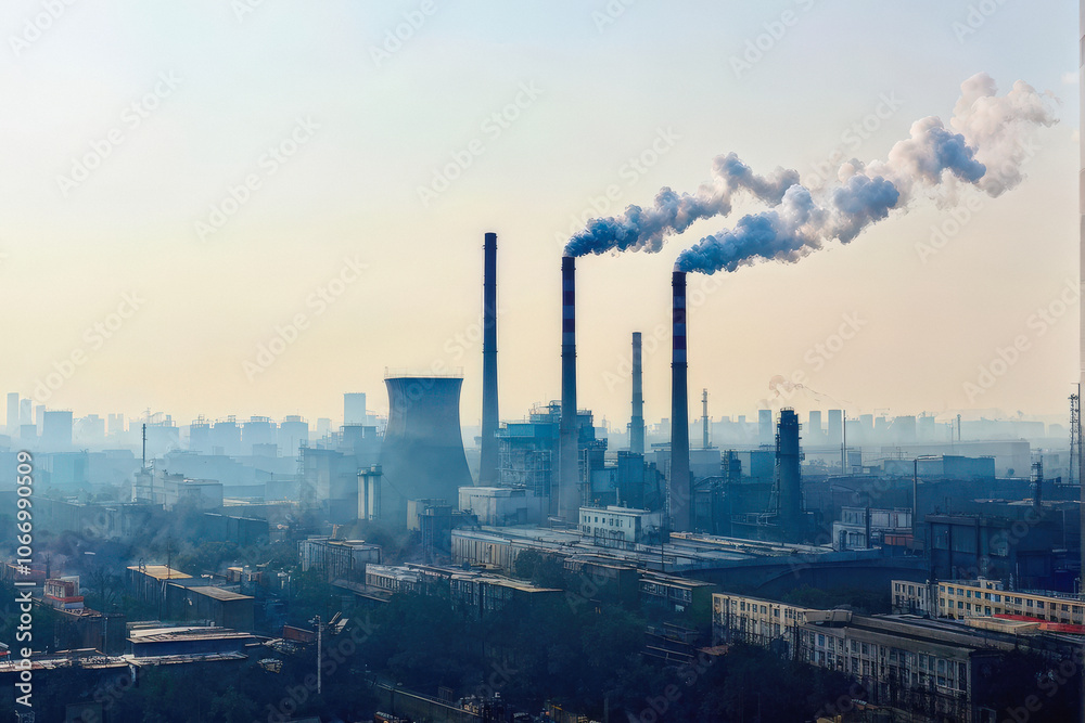 Industrial chimneys emit thick smoke into the air, highlighting environmental pollution and the impact of factories on urban air quality. Generative AI Industrial chimneys emit thick smoke into the air, highlighting environmental pollution and the impact of factories on urban air quality. Generative AI