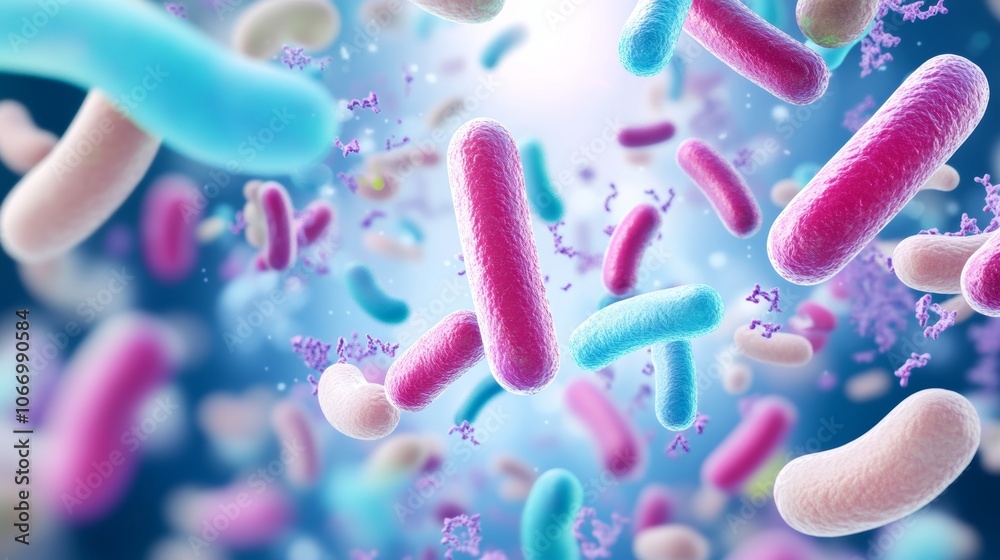 A vibrant illustration of bacteria, showcasing diverse shapes and colors against a blue background. A vibrant illustration of bacteria, showcasing diverse shapes and colors against a blue background.