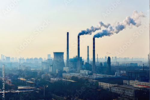 Industrial chimneys emit thick smoke into the air, highlighting environmental pollution and the impact of factories on urban air quality. Generative AI