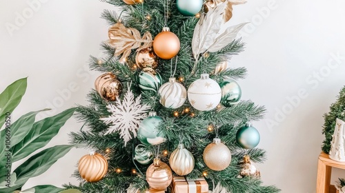 Snow-dusted Christmas tree with vintage American ornaments wrapped in warm lights photo