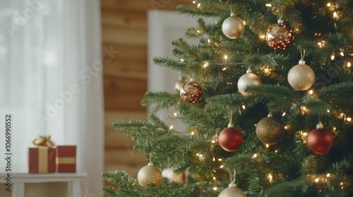 Snow-dusted Christmas tree with vintage American ornaments wrapped in warm lights photo