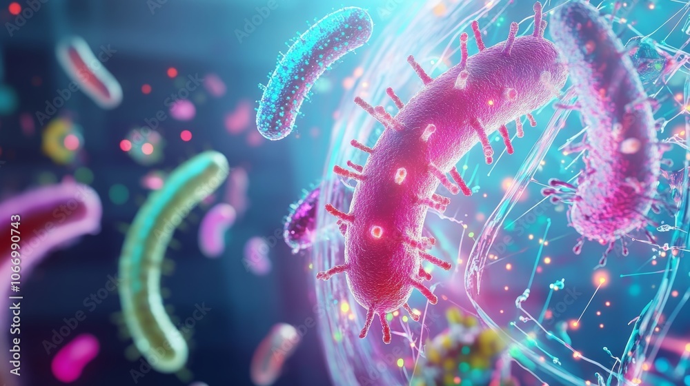 Vibrant digital rendering of bacteria and microorganisms, illustrating their intricate structures and colorful features in a microscopic environment. Vibrant digital rendering of bacteria and microorganisms, illustrating their intricate structures and colorful features in a microscopic environment.