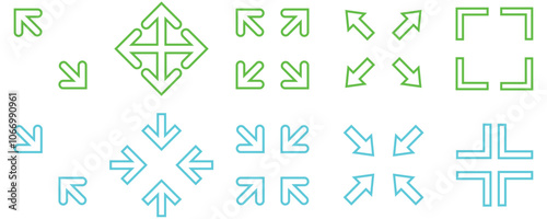 Outline collection of Green full screen and Blue exit full screen icons. Arrow mark icons. Vector illustration isolated on white background.