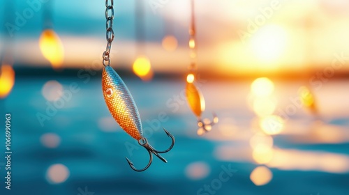 Intricate Fishing Lure with Beautiful Sunset Background photo