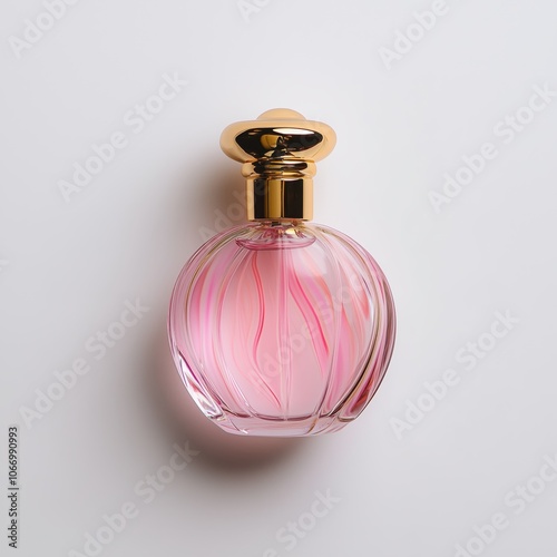 Delicate light pink glass perfume bottle with gold accents on a white background