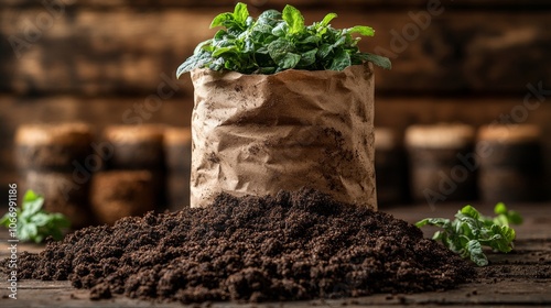 Seedlings growing in paper bag with fertile soil