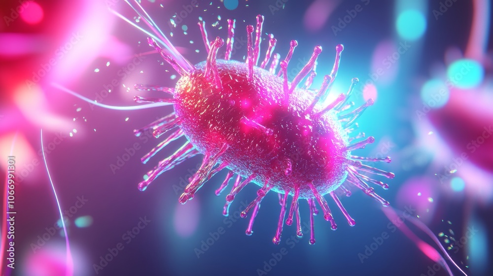 A vibrant, digital representation of a bacterium, showcasing its intricate surface features and colorful background, emphasizing the microscopic world. A vibrant, digital representation of a bacterium, showcasing its intricate surface features and colorful background, emphasizing the microscopic world.