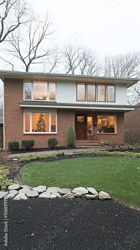 Snowy suburban home with Christmas tree visible from large window American holiday charm photo