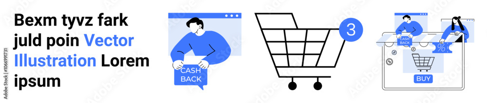 Shopper with cashback notification, empty shopping cart, checkout page display. Ideal for e-commerce, cashback promotions, online retail, shopping apps, payment gateways, digital marketing, UIUX Shopper with cashback notification, empty shopping cart, checkout page display. Ideal for e-commerce, cashback promotions, online retail, shopping apps, payment gateways, digital marketing, UIUX