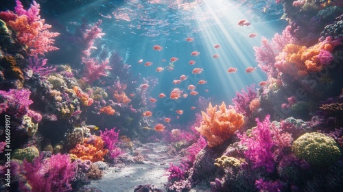 A vibrant coral reef teeming with fish, sun rays filtering through the water 