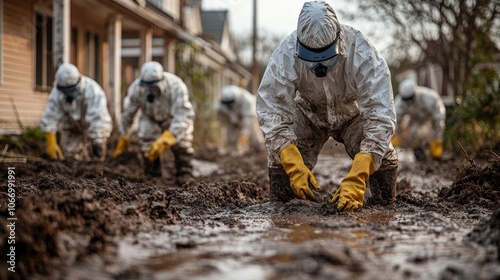 Scientists in hazmat suits examining contaminated soil after flood disaster