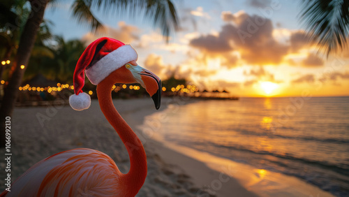 Santa-Hat-Wearing Flamingo Enjoying Sunset on Tropical Beach