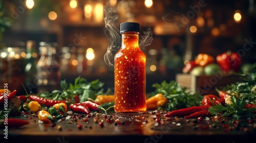 Steaming hot sauce bottle surrounded by chili peppers and spices