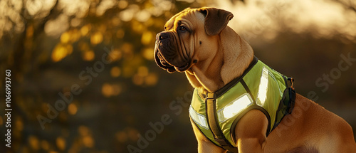 Bullmastiff Dog Wearing Reflective Safety Vest for Outdoor Activities