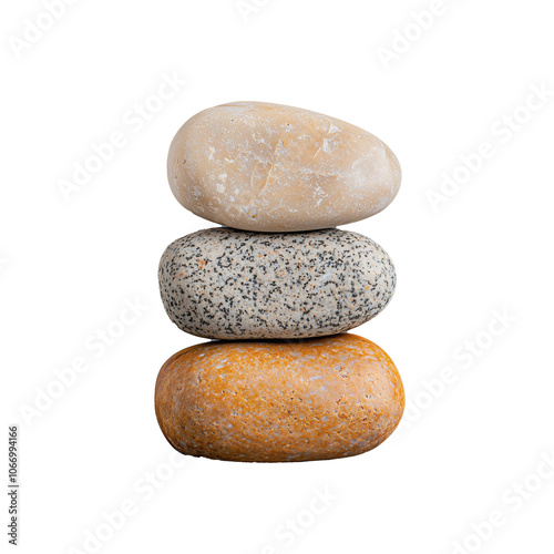 Balanced stack of smooth stones in various colors on transparent background