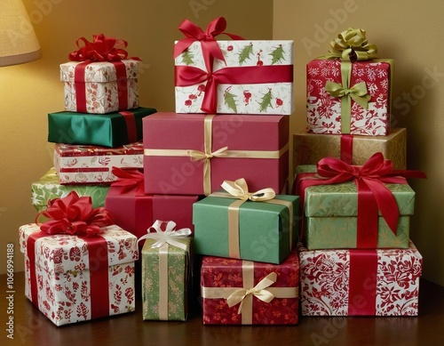 A vibrant stack of beautifully wrapped gifts in festive colors and patterns, perfect for holiday celebrations.