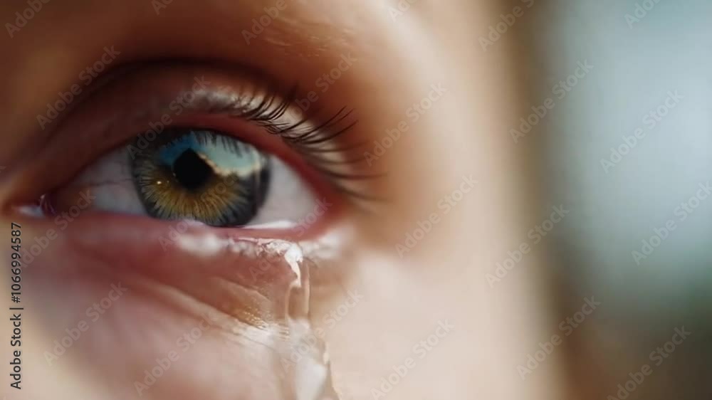 A close-up image captures an eye filled with tears, conveying deep emotion and vulnerability. The photo highlights human feelings, introspection, and a moment of visible sadness.