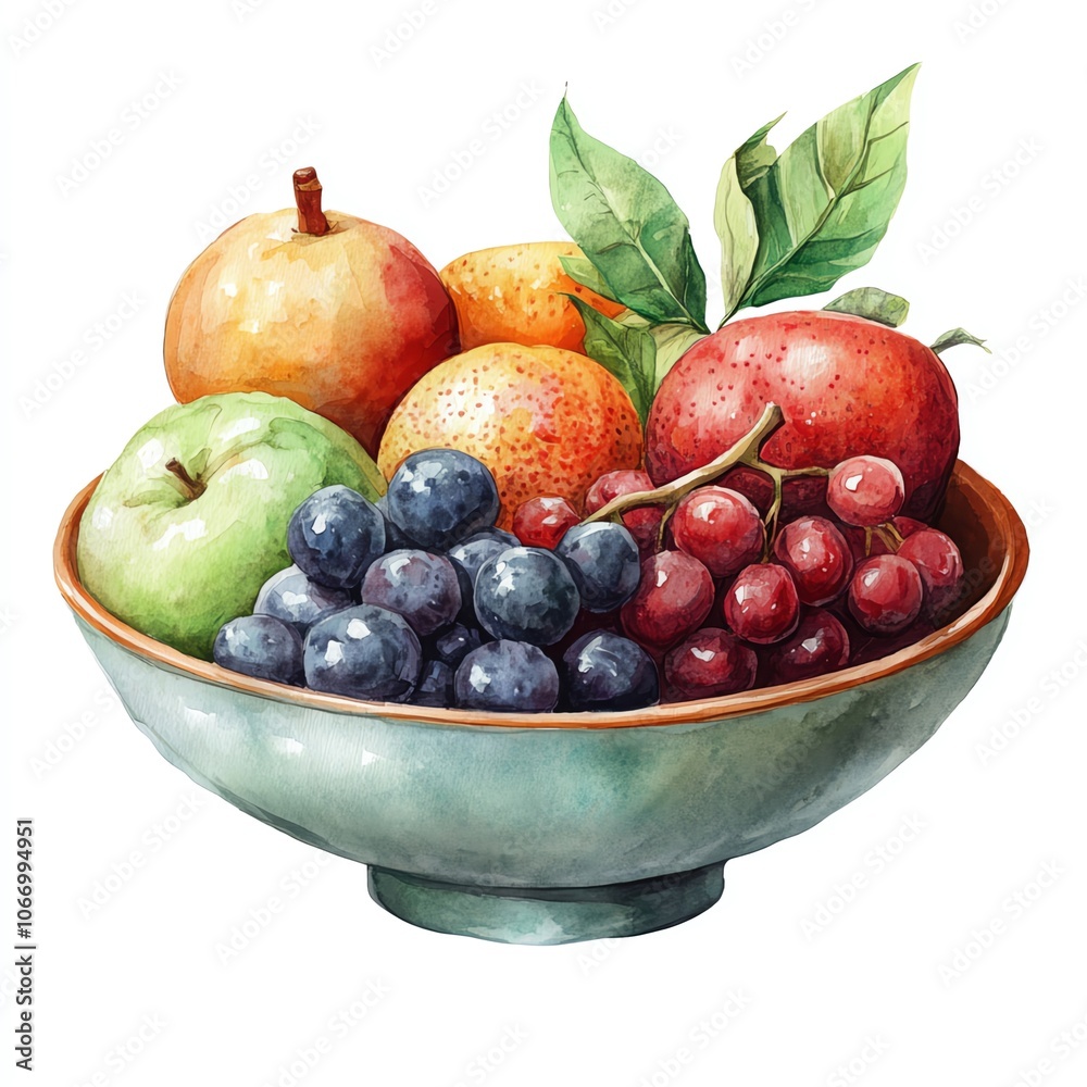 A joyful assortment of fruits in a ceramic bowl, watercolor effect, soft hues, isolated on white background. A joyful assortment of fruits in a ceramic bowl, watercolor effect, soft hues, isolated on white background.