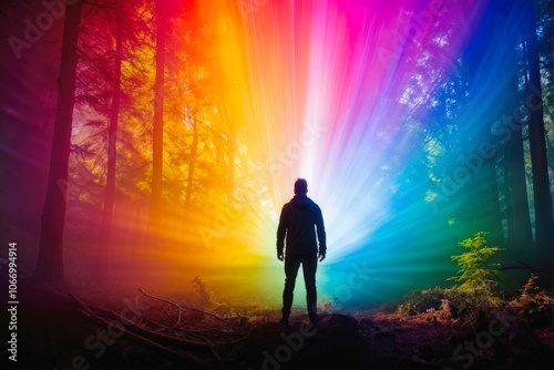 Silhouette of a human figure standing in a mystical forest, surrounded by vibrant, glowing rainbow light beams radiating through the trees, creating a surreal and ethereal atmosphere. Generative AI