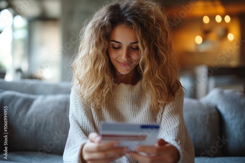 young woman looking at mockup credit card and checking invoice receipt before pay debt via mobile banking app at home, Generative AI photo