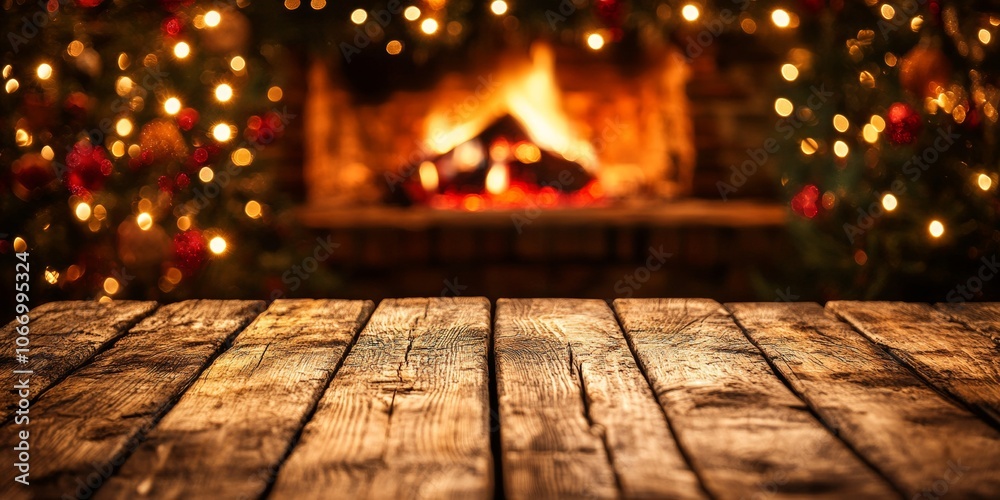 Wooden table in front of a glowing fireplace with bokeh lights and Christmas decorations. A cozy and warm holiday scene, perfect for winter gatherings and festive designs. Wooden table in front of a glowing fireplace with bokeh lights and Christmas decorations. A cozy and warm holiday scene, perfect for winter gatherings and festive designs.