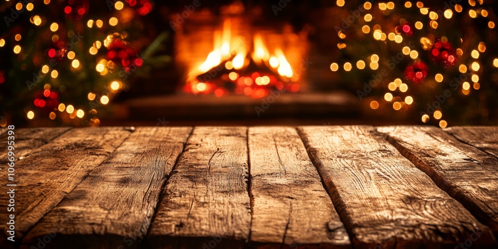 Wooden table in front of a glowing fireplace with bokeh lights and Christmas decorations. A cozy and warm holiday scene, perfect for winter gatherings and festive designs. Wooden table in front of a glowing fireplace with bokeh lights and Christmas decorations. A cozy and warm holiday scene, perfect for winter gatherings and festive designs.