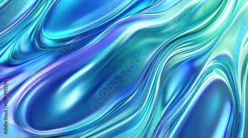 Abstract fluid 3D twisted iridescent holographic neon waves background with blue and green colorful gradient