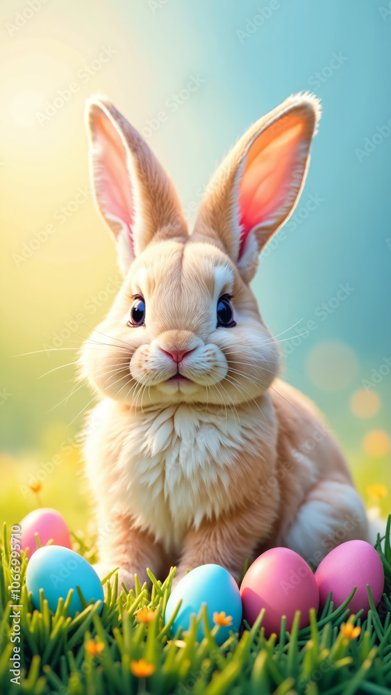 Cute Easter bunny with colorful easter eggs in a green meadow Cute Easter bunny with colorful easter eggs in a green meadow