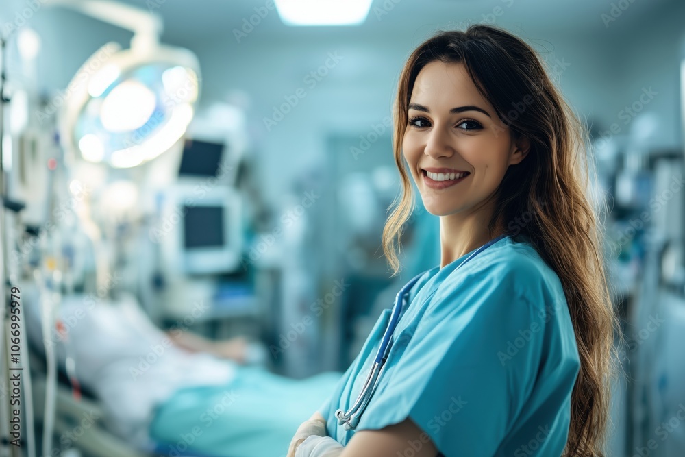 Smiling nurse in hospital setting, caring environment, medical equipment in background Smiling nurse in hospital setting, caring environment, medical equipment in background