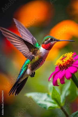 Dynamic shot of a hummingbird hovering near a vibrant flower, wings blurred in motion as it feeds. Lush colors and natural background. Generative AI