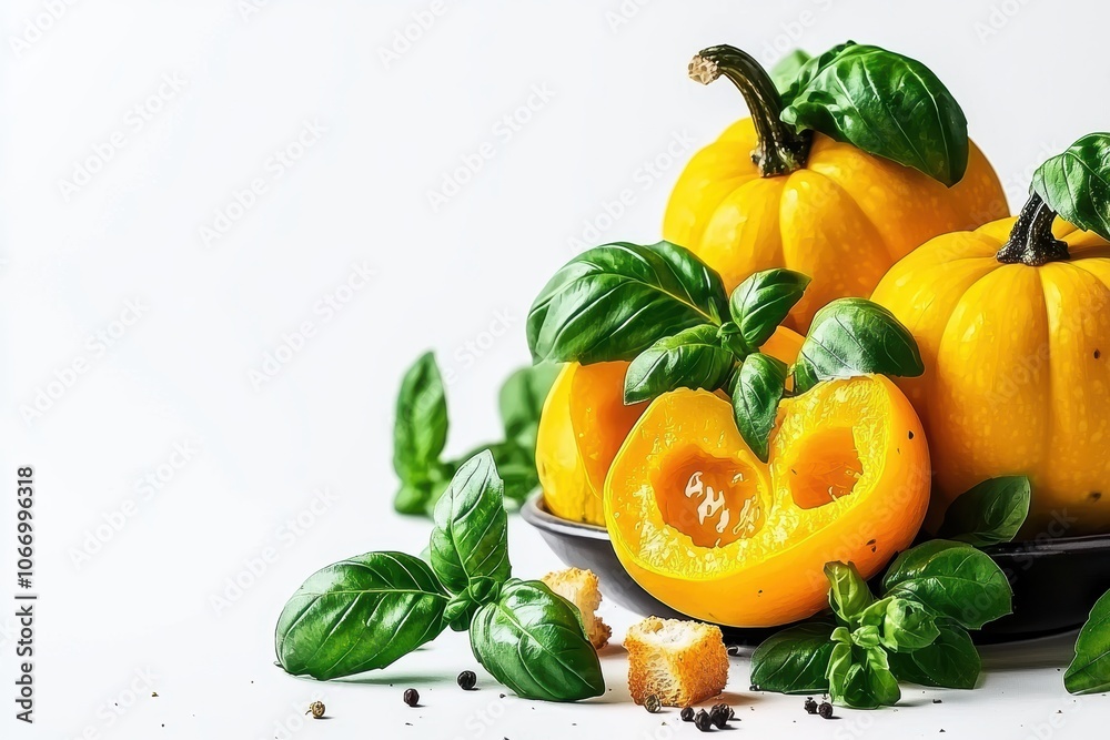 Vibrant Pattypan Squash with Fresh Basil Leaves Vibrant Pattypan Squash with Fresh Basil Leaves