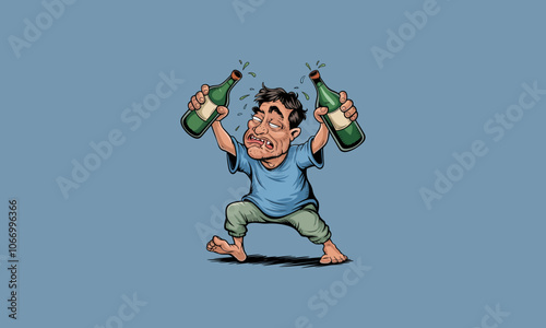 Drunk cartoon character holding two bottles, dizzy expression