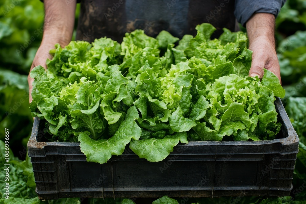 Fresh from farm. Gardener carrying crate of fresh lettuce from farm ready to sell to client, Generative AI Fresh from farm. Gardener carrying crate of fresh lettuce from farm ready to sell to client, Generative AI