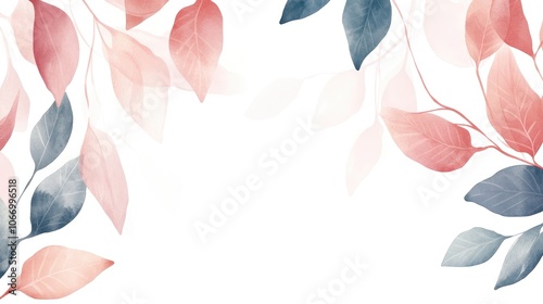 Watercolor Illustration of Delicate Pink and Blue Leaves on White Background