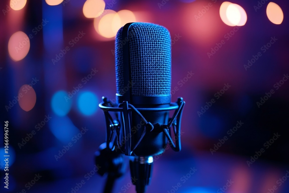Close-up microphone on the table in podcasting record, Generative AI Close-up microphone on the table in podcasting record, Generative AI