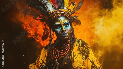 A tribal black voodoo witch doctor in full tribal paint and voodoo robes in yellow tangerine and red colored hues. woman. photo