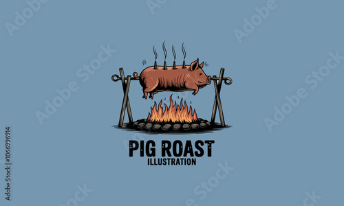 Cartoon pig roasting on a spit over open fire illustration